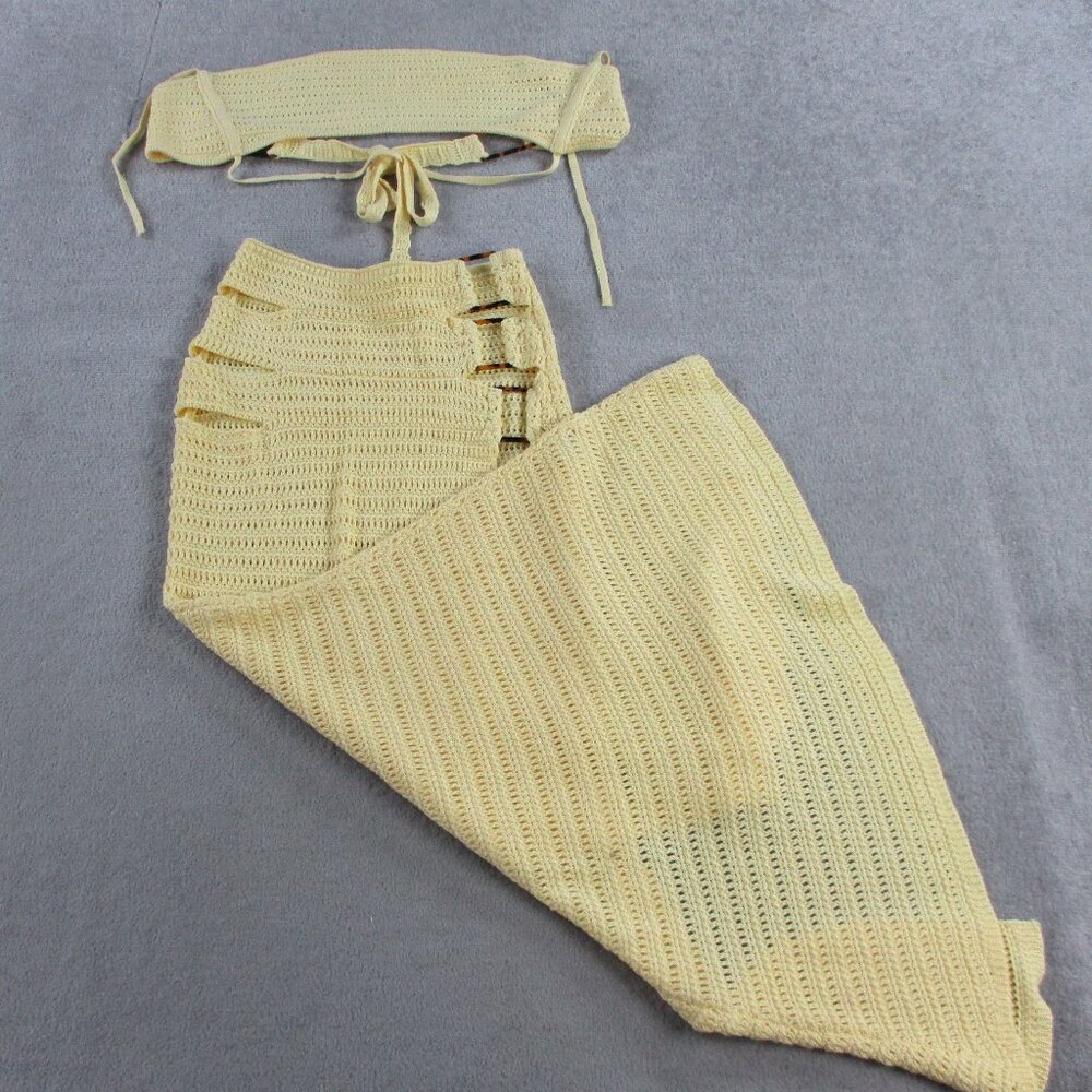 Outcast Celeste Crop Top & Maxi Dress Set Womens XS Lemon Yellow Crochet Knit - Picture 3 of 11